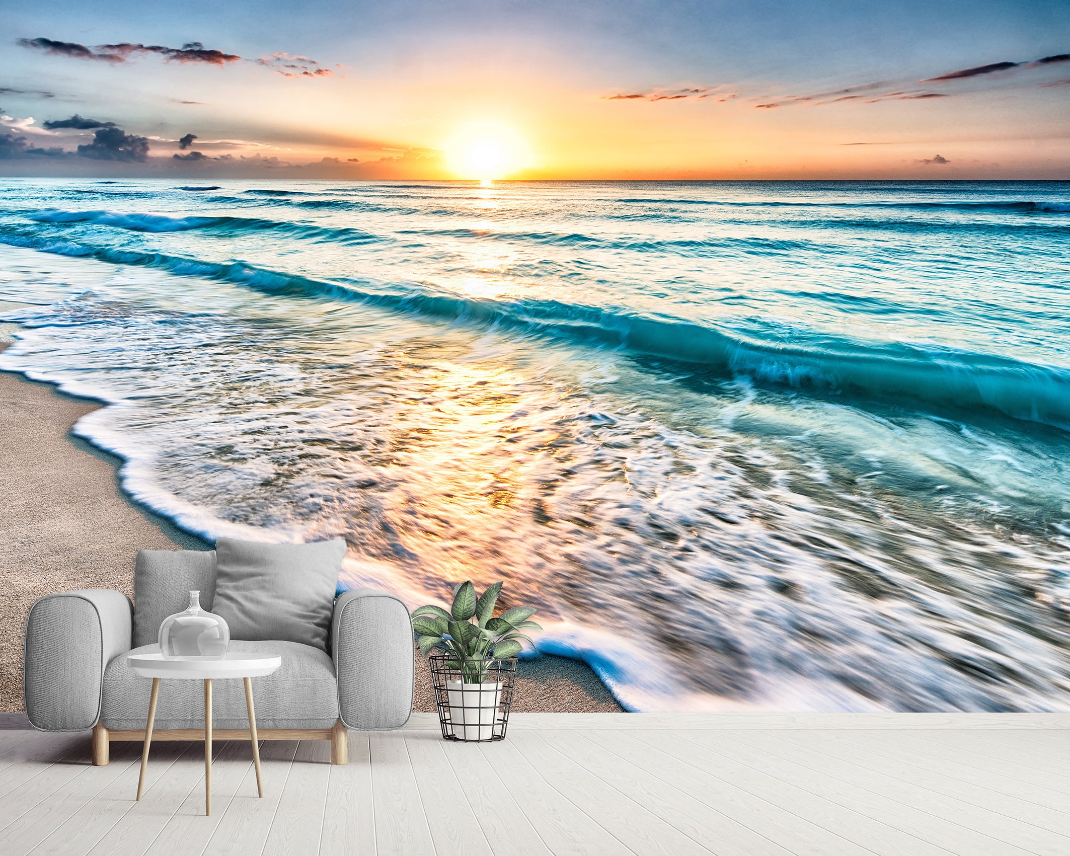 Dreamy Sea Beach Peel and Stick Wallpaper Mural Ocean Sunset