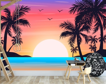 Fototapete Pop Art Sunset Bliss Palm Paradise by the Beach Tapete zum Abziehen und Aufkleben, minimalistische tropische Illustration, lustige Tapetenwandbilder