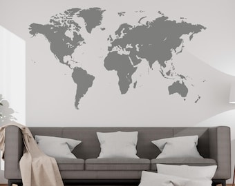 Grey World Map Wall Decal Huge World Map Wall Decor World Travel Map Cut Out Sticker Global Atlas Map Wall Art Travelers Gift Home Decor