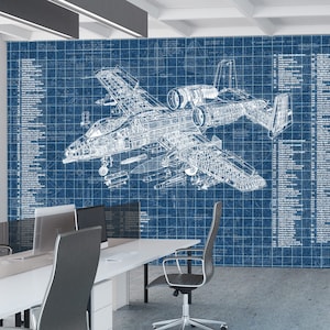 May include: A large wall mural featuring a detailed white technical blueprint of a military aircraft on a dark blue grid background. The design includes intricate line drawings of the plane's structure and extensive lists of technical labels.