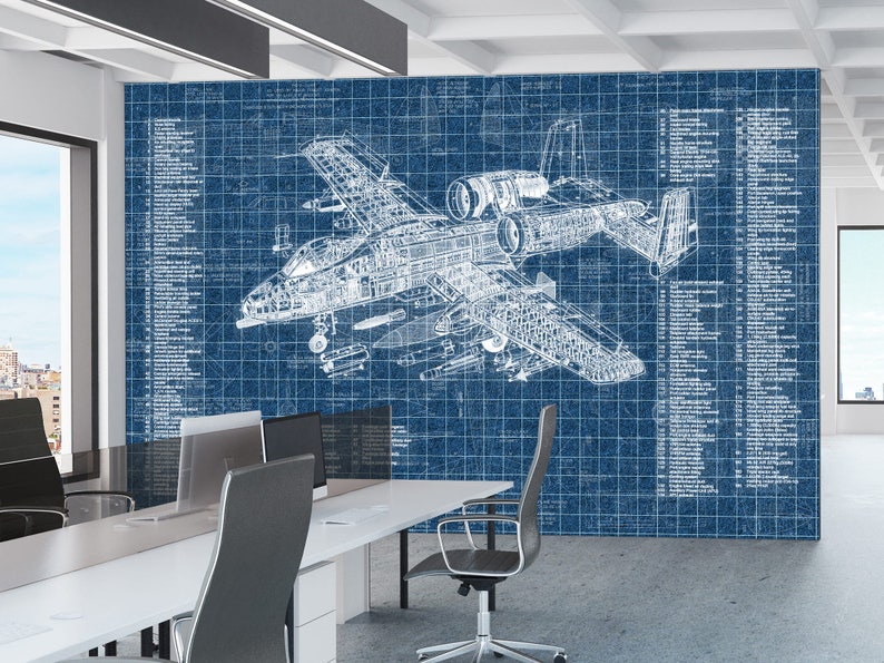 May include: A large wall mural featuring a detailed white technical blueprint of a military aircraft on a dark blue grid background. The design includes intricate line drawings of the plane's structure and extensive lists of technical labels.