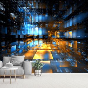 Puede incluir: Mural de papel tapiz de arte digital abstracto con un dise&ntilde;o futurista que presenta un t&uacute;nel de luz amarillo y azul brillante.