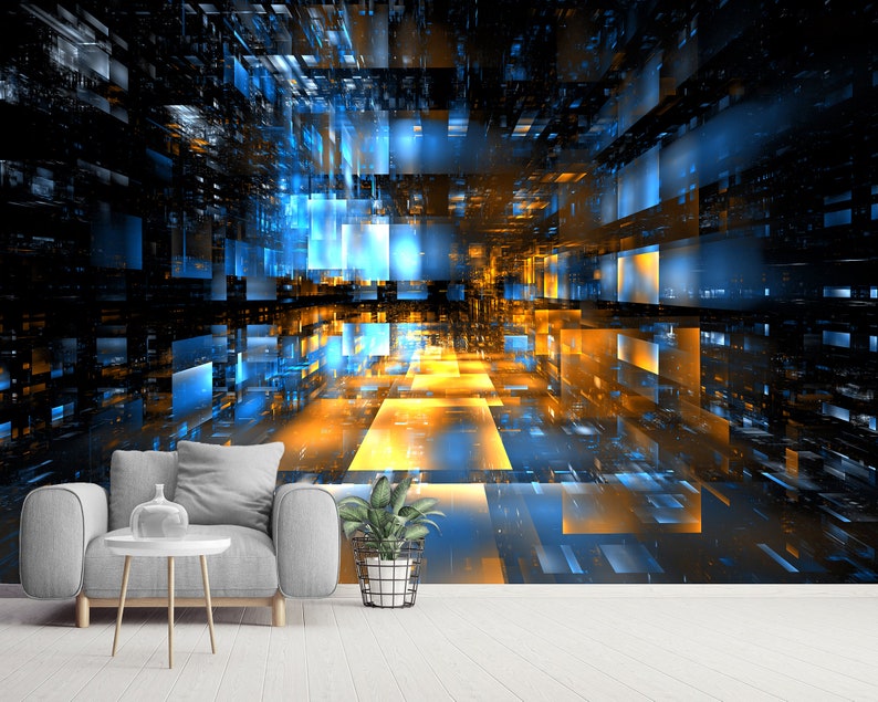 Puede incluir: Mural de papel tapiz de arte digital abstracto con un dise&ntilde;o futurista que presenta un t&uacute;nel de luz amarillo y azul brillante.