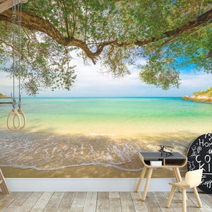 Tropical Sea Bay Beach Wall Mural – Realistic Ocean View Wallpaper Bedroom Living Room Wall Art Decor – Relaxing Coastal Mural Wallpaper