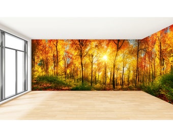 Fall Forest Panoramic Wall Mural Peel and Stick Wallpaper Autumn Forest Wide Wall Wallpaper Tree Scenery Wallpaper Orange Forest Wall Murals