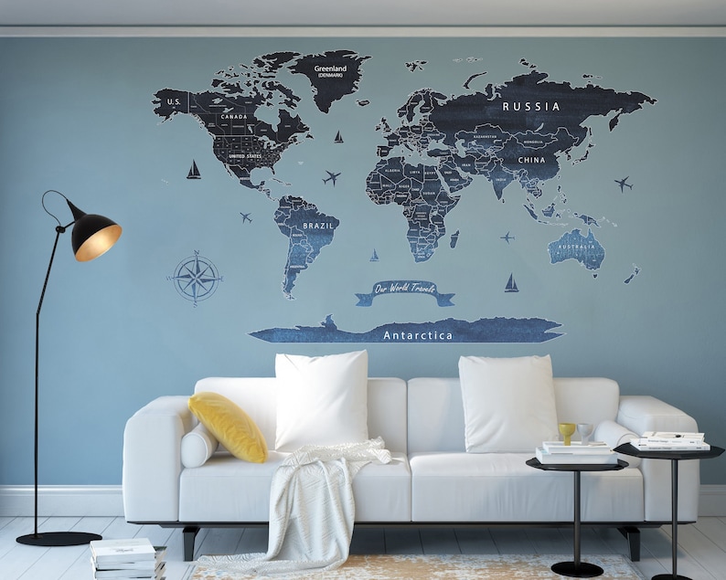 Navy Blue World Map Wall Decal, Travel Decor Extra Large Wall Stickers ...