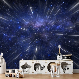 Carta da parati murale "Viaggio attraverso lo spazio" per bambini, staccabile e adesiva, per cameretta dei bambini, sala giochi, camera da letto, carta da parati con stampa di stelle, spazio blu, galassia