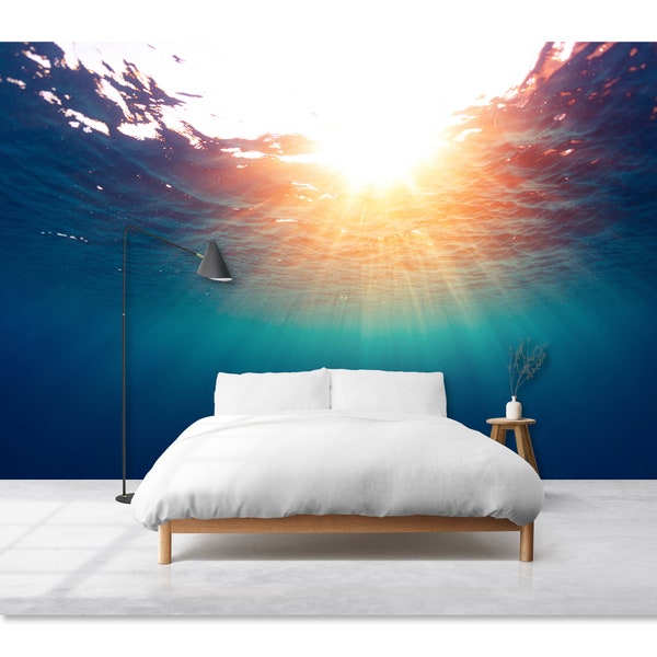 Sunlight Underwater Peel and Stick Wallpaper Mural Blue Water Wallpaper Sea Waves Sun Under Water Nautical Marine Wallpaper Sea Wall Decor