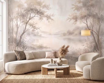 Neutral Lake Wallpaper Mural, Soft Boho Watercolor Trees, Beige Japandi Landscape Wall Decor, Peel and Stick, Non-woven Wallpaper