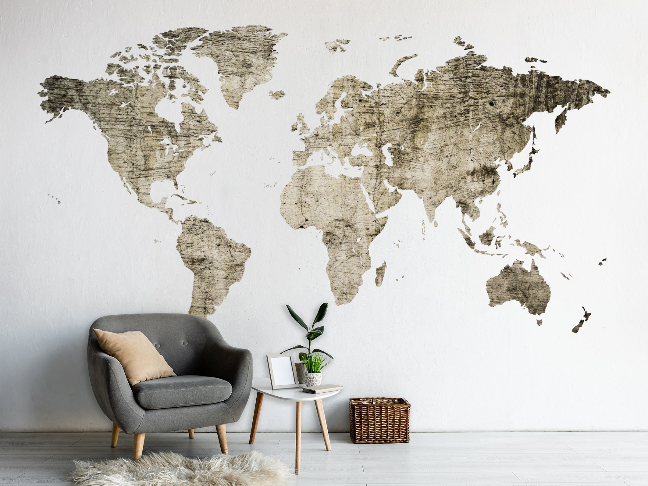 World Map Wall Sticker Large Map Decal Vintage Map Wall Decor Print ...