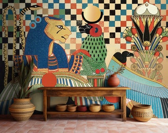 Oud-Egyptisch muurschilderingbehang Vintage Afrikaans muurdecor Egypte mythologie kunst muurschilderingen