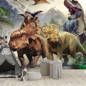 Dinosaurs Wallpaper Peel and Stick Wall Mural Jurassic Wall Art Boy Girl Room Wallpaper Realistic Dinosaurs Jurassic World Kids Wall Print