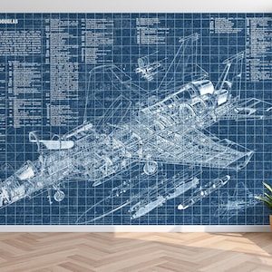 Strike Eagle F15 Blueprint Wallpaper Mural - Peel & Stick Vinyl / Traditional Wallpaper Office Wall Decor Airplane Mural Man Cave Wallpaper
