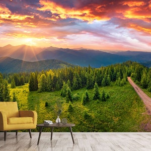 Mountain Sunset Scenic Wall Mural Landscape Wallpaper Peel and Stick Bedroom Living Room Nature Wall Decoration Mountains Wallpaper Murals