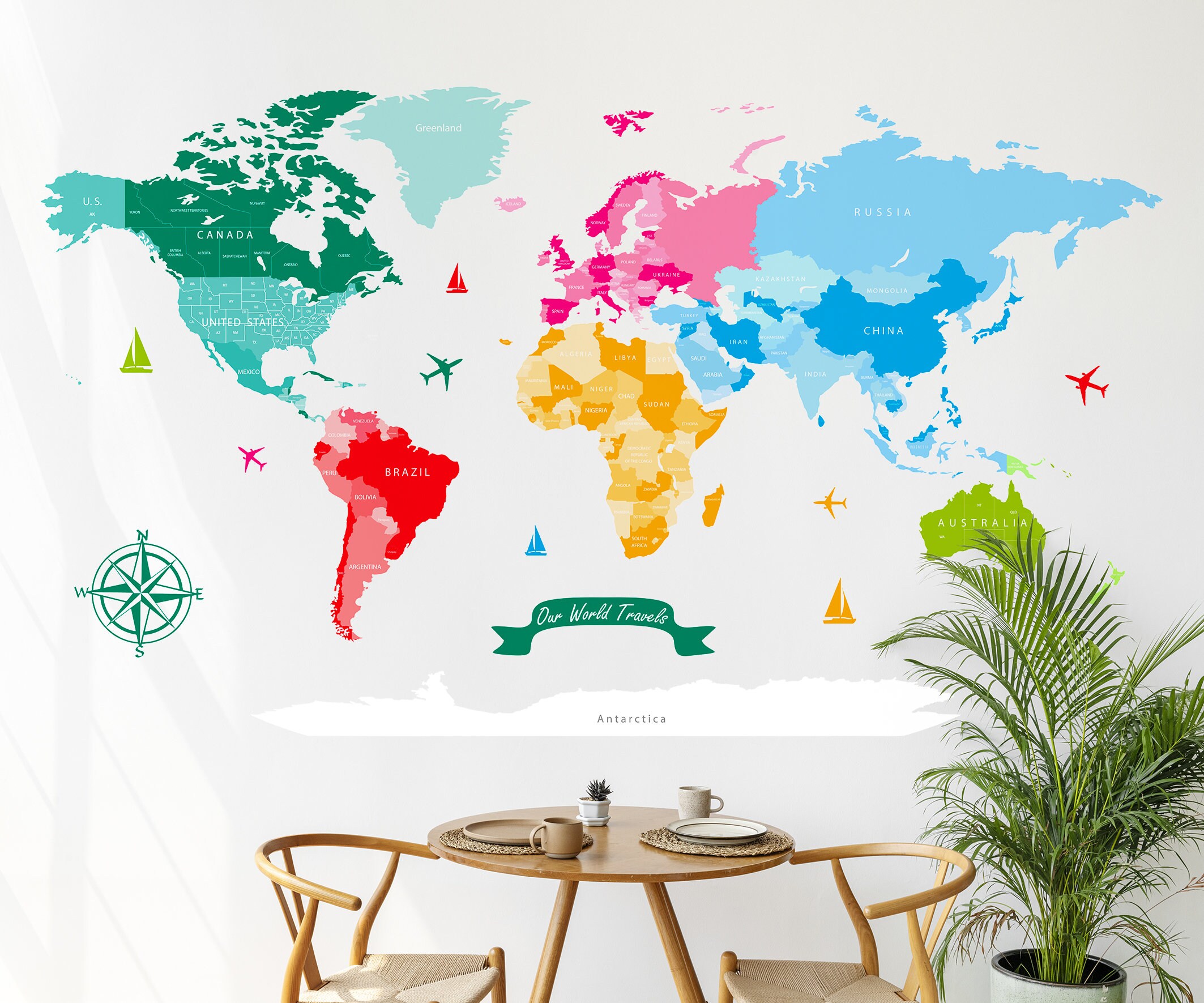 Colorful World Map Wall Decal: Kids Playroom Decor, Push Pin Travel Map ...