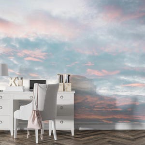 Carta da parati murale con cielo pastello da sogno – Carta da parati con tramonto nuvoloso per soggiorno o camera da letto – Carta da parati murale con nuvole blu rosa tenue e carta da parati adesiva