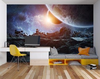 Mural de pared espacial para habitación infantil / Papel pintado autoadhesivo de planetas / Decoración de juegos de fantasía