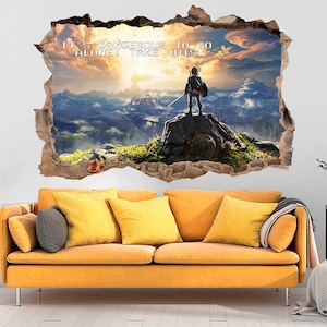 May include: A wall decal featuring a video game character standing on a cliff overlooking a mountain range. The decal is designed to look like a hole in the wall, with the character and scenery appearing to be behind the wall. The text "It's dangerous to go alone! Take this." is written in white letters on the decal.