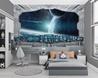 Space Ship Control Center Mural Kids Room Wallpaper Peel and Stick Kids Gaming Room Wall Decor Playroom Decal