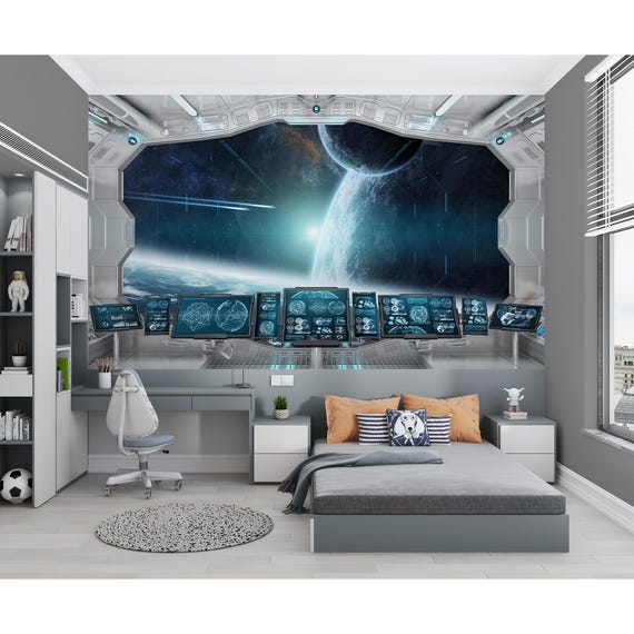 Space Ship Control Center Mural Kids Room Wallpaper Peel and Stick Kids Gaming Room Wall Decor Playroom Decal