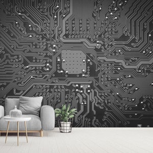 Tech-inspirierte Tapete Schwarze Platine Wandbild Informationstechnik Tapete Technik Wanddekor Schälen und Aufkleben Spielzimmer Wandbilder