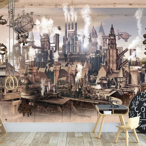 Steampunk Artwork Wallpaper Wall Mural Peel and Stick Vintage Scenery Wallpaper Retro Industry Wallpaper Engineer Office Art Wallpaper Mural