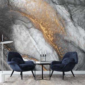 Grey Watercolor Marble Wallpaper with Gold Accents (not metallic) – Modern Abstract Wall Mural Grey Wallpaper Home Office Wall Decoration