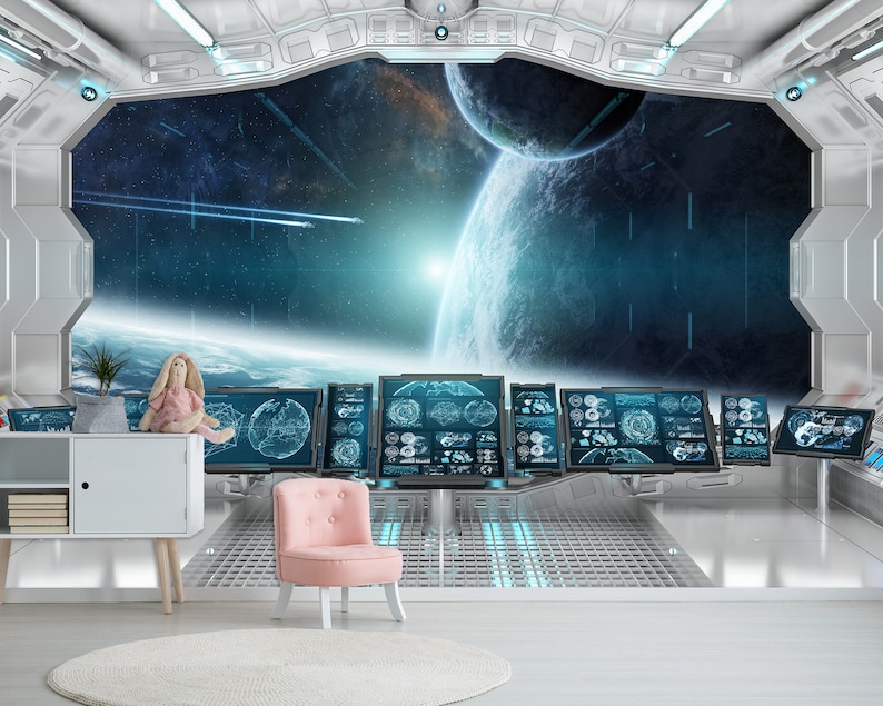 May include: A futuristic interior scene with a large window overlooking a space scene with planets and stars. The room features a white cabinet, a pink chair, and multiple computer screens. A stuffed bunny sits on the cabinet.