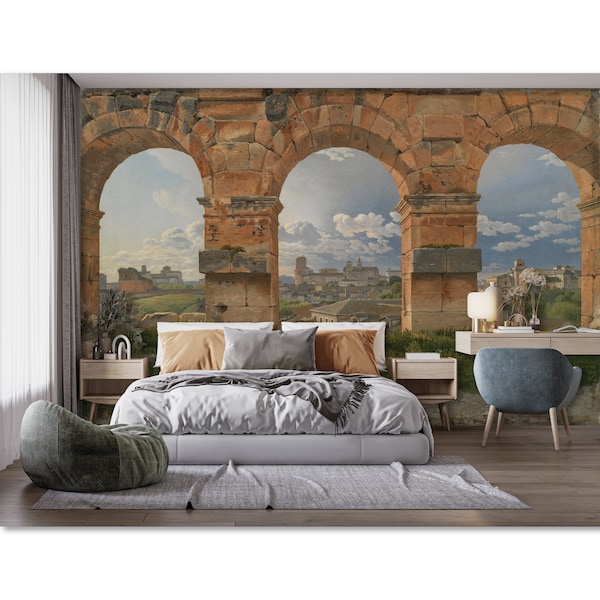 Colosseum Arches View of Rome Wall Mural Wallpaper Vintage Architecture Mural Art Vinyl Wallpaper Peel and Stick Ancient Rome Wallpaper