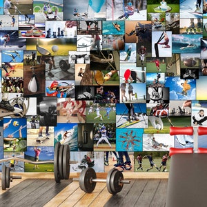 Sports Photography Collage Wall Mural Wallpaper Peel and Stick Home Gym Wallpaper Workout Fitness Sport Motivation Sports Room Wall Decor