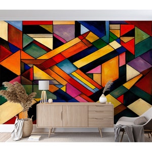 Carta da parati murale geometrica colorata, carta da parati a mosaico multicolore astratta in vetro colorato, carta da parati staccabile e adesiva / carta da parati vintage non incollata