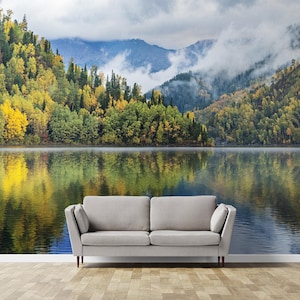Autumn Forest and Lake Reflection Wallpaper – Peaceful Nature Wall Mural for Cozy Living Room Decor Wall Murals Wallpaper Peel and Stick