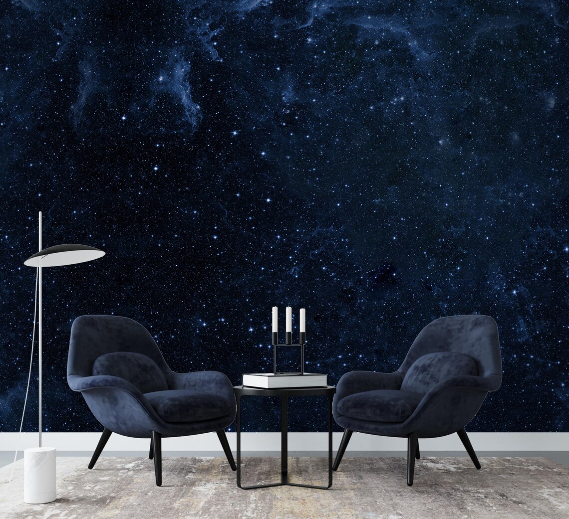 Blue Starry Sky Mural Wallpaper Space Wall Mural Bedroom Wallpaper Peel ...