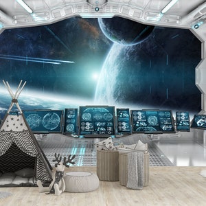 May include: A futuristic interior scene with a large window overlooking a vibrant space scene with planets and stars. The room features multiple computer screens, a teepee tent, and decorative baskets, creating a playful and imaginative environment.
