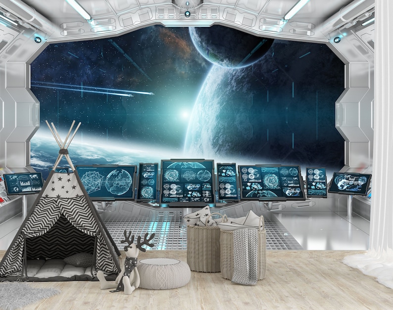 May include: A futuristic interior scene with a large window overlooking a vibrant space scene with planets and stars. The room features multiple computer screens, a teepee tent, and decorative baskets, creating a playful and imaginative environment.