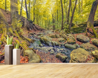 Fototapete Autumn Creek Woodland Wallpaper Sunny Yellow Trees Foliage Rocks in Forest Mountain Peel and Stick Forest Wall Decor Murals