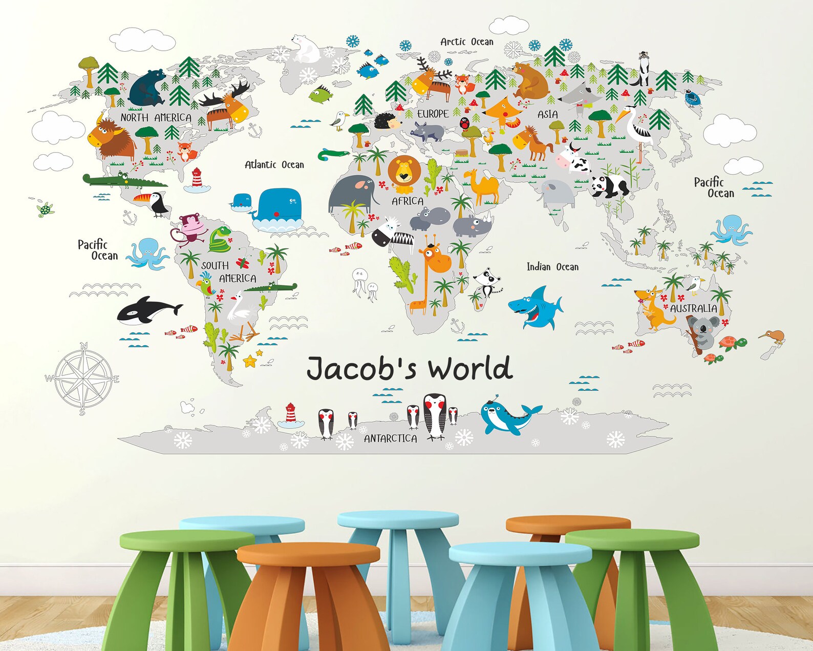 Kids World Map Wall Sticker Animal Map Wall Decal Children Map Etsy