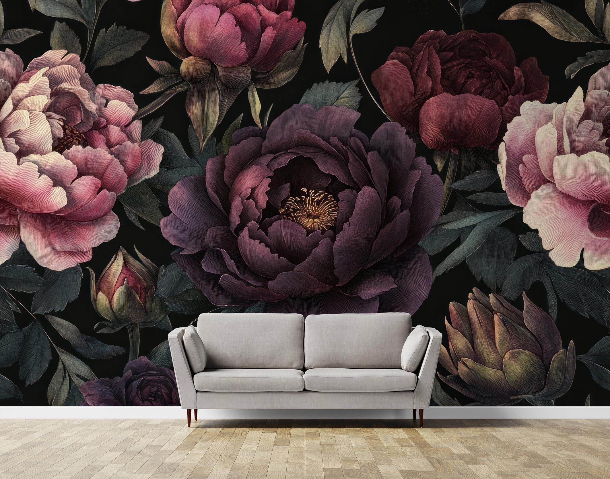 Dark Floral Peony Wall Mural – Vintage Botanical Peel and Stick ...