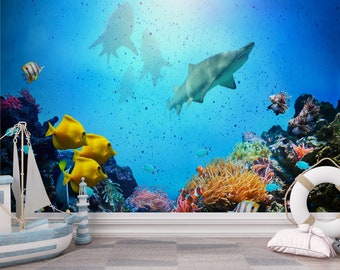 Wandbild Unterwasser Sea Life Wallpaper Fische Aquarium Tapete Schälen und Stick Badezimmer Spielzimmer Hai Wandbild Ozean Korallenriff Wallpaper