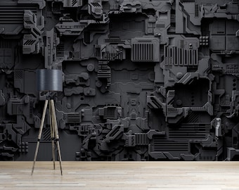 Könnte beinhalten: Eine dunkelgraue, strukturierte Wand mit einem komplexen, mechanischen Design. Eine Stehleuchte mit Holzstativ und dunkelgrauem Lampenschirm steht vor der Wand. Der Boden ist helles Holz.