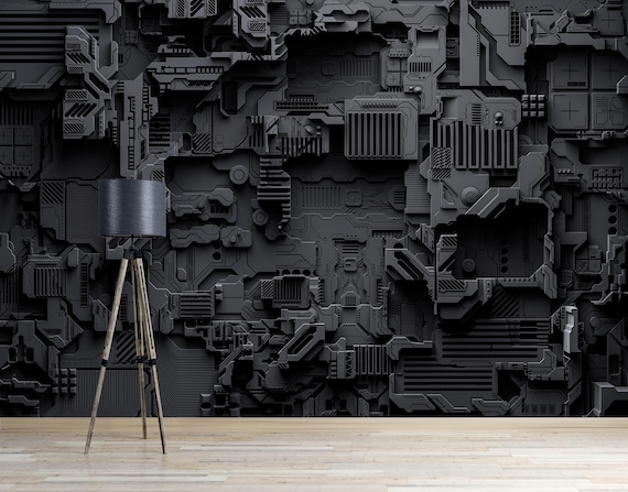 Black Graphic Mural Computer Wallpaper Peel and Stick Black Cyber Tech Wall Mural Dark Gaming Room Playroom Wallpaper Mural Print