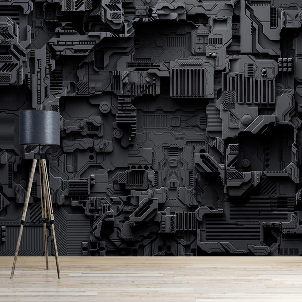 Black Graphic Mural Computer Wallpaper Peel and Stick Black Cyber Tech Wall Mural Dark Gaming Room Playroom Wallpaper Mural Print