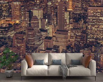 Night City Mural Urban Wallpaper Office Wall Decor Windows Light Peel and Stick Nightly Cityscape Office Wall Mural Printable Wall Covering