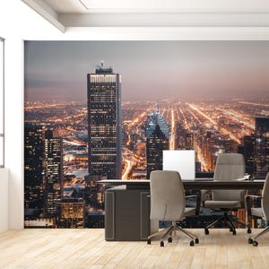 Carta da parati murale con luci notturne della città di Chicago - Carta da parati murale urbana con skyline della città - Carta da parati murale con paesaggio urbano notturno - Carta da parati staccabile e adesiva