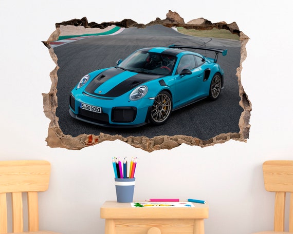 Racing Porsche 911 3D Broken Wall Decal Wall Sticker Kids Bedroom