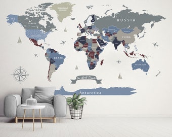 Extra Large World Map Decal Blue World Map Sticker Travel Map Push Pin World Map Wall Art Office Wall Decor Personalised Travel Map Print