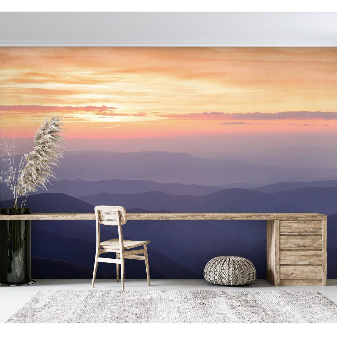 Sunset Mountain Layers Mural Wallpaper – Scenic Landscape Peel and ...
