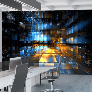 Puede incluir: Mural de papel tapiz de arte digital abstracto con un esquema de color azul y naranja. El dise&ntilde;o presenta una cuadr&iacute;cula de cuadrados que crean una sensaci&oacute;n de profundidad y perspectiva.