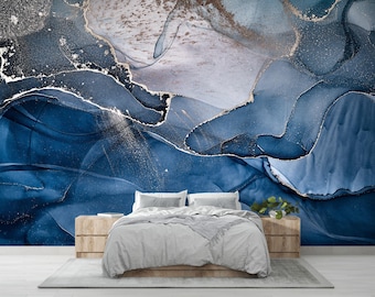 Blue Abstract Marble Mural Wallpaper Peel and Stick / Traditional Navy Blue Wallpaper Print Blue Gold Marble Mural
