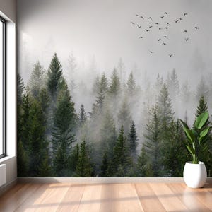 Papier peint pittoresque forêt brumeuse papier peint autocollant Papier peint arbres de la forêt Forêt brumeuse murale paysage chambre salon papier peint photo